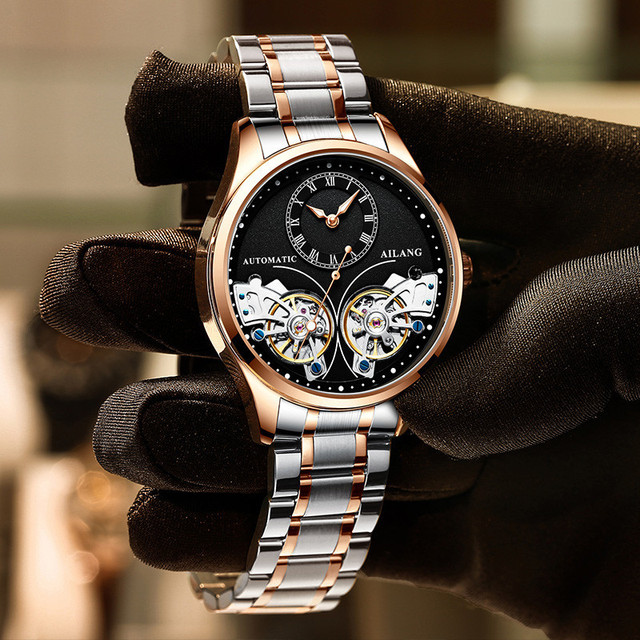 AILANG Brand New Fashion Double Tourbillon Men's Luxury Stainless Steel Waterproof Automatic Mechanical Watch 3Bar Water