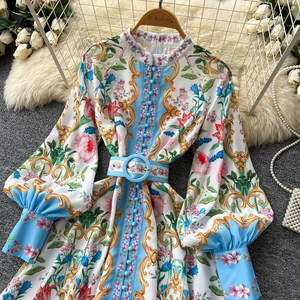 ชุดเดรสพิมพ์ลายคอวีแขนโคมสไตล์พระราชวังสำหรับผู้หญิง รุ่นฤดูใบไม้ผลิ/ฤดูร้อนสไตล์เกาหลี รัดเอว ทรงเอเข้ารูปลายดอกไม้ - Product Image 5