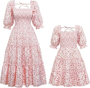 High Quality Summer Square Collar Lantern Sleeve Floral <strong>Dress</strong> <strong>Mother</strong> <strong>and</strong> <strong>Daughter</strong> <strong>Matching</strong> Outfits - Product Image 1