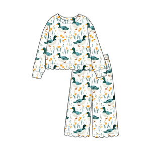 Précommande Printemps Automne Combinaisons Décontractées en Spandex/Coton pour Petites Filles Motif Canards Mallards, Vêtements Enfants Assortis pour Sœurs, Vente en Gros - Product Image 1