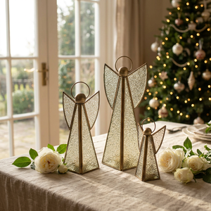 2026 <b>Christmas</b> & Easter Angel Shape Brass Glass <b>Tea</b> <b>Light</b> Candle Holders in 3 Sizes Handmade Lead Free for Tabletop Home Decor - Product Image 1