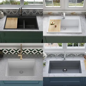 Wholesale White Black Grey Quartz Composite Granite High Hardness Kitchen Single Bowl Washbasin Double Bowl Kitchen Sink