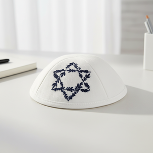 ผ้าลินินสีขาวที่กำหนดเอง kippot ดาวดาวปักโลโก้ที่กำหนดเองแบบธรรมดา <span class=keywords><strong>yamaka</strong></span> พิมพ์เต็มหน้า kippah สำหรับผู้ใหญ่ - Product Image 1