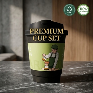 Vasos de Papel Desechables Ecológicos de 8oz/12oz con Recubrimiento, con Fundas y Etiquetas Personalizadas con Diseños de Barista - Product Image 1