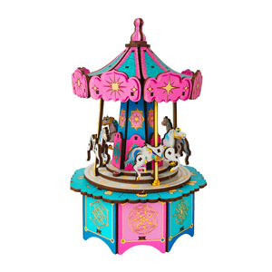Boîte à musique carrousel en bois <span class=keywords><strong>3D</strong></span> et cadeau de fête - Artisanat en bois fait à la main avec un design de <span class=keywords><strong>puzzle</strong></span> <span class=keywords><strong>3D</strong></span> pour une présentation décorative - Product Image 3