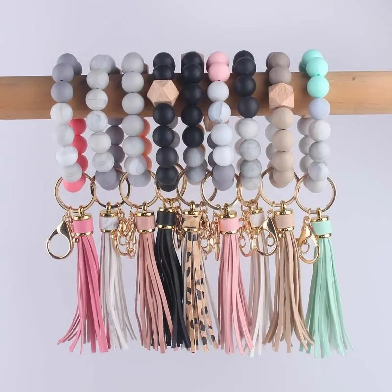 Hot Selling Colorful Silicone Beads Bracelet Tassel Keychains Wristlet Printing Silicone Beads Bangle