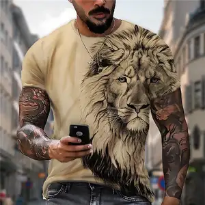 Sommer T-Shirt Herren Tier Löwe 3D individuelles T-Shirt Design Druck Mode Kurzarm-Top mikroelastisches Sport-Fitnesst-T-Shirt