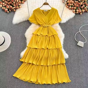 Abito Lungo da <span class=keywords><strong>Spiaggia</strong></span> in Chiffon con Maniche Corte, Allacciatura, Vestibilità Slim, Alta Qualità, Stile Francese, Moda Femminile, Abito Maxi Plissettato per Vacanze - Product Image 2