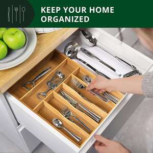 Bamboo Silverware Organizer and Cutlery Tray with Grooved Drawer Dividers for Flatware and <b>Kitchen</b> - Product Image 4