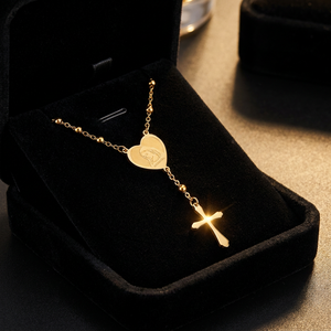 Collana Lunga <span class=keywords><strong>Rosario</strong></span> Cattolico con Perline in Acciaio Inossidabile Dorato e Cuore della Vergine Maria - Product Image 1