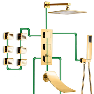 Ensemble de douche de bain thermostatique doré Mélangeurs de douche dissimulés de salle de bain 6pc SPA Jets de <span class=keywords><strong>massage</strong></span> Pomme de douche à effet pluie - Product Image 2