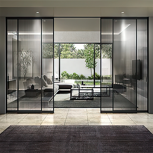 Trung Quốc Nhà sản xuất bên trong trang trí nội thất xếp chồng kính thiên văn cơ chế màu đen trượt cửa kính không khung - Product Image 6