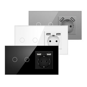 卸売157*86 2ギャングタッチスイッチとダブルUSB付きソケット強化ガラス付きEUウォールソケットシリーズの組み合わせ - Product Image 1