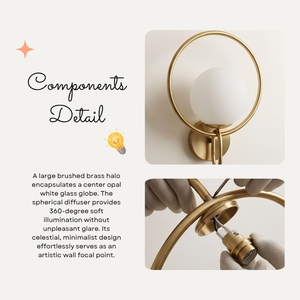 Elvaron Brushed Brass Ring Wall Sconce Opal White Glass Globe Bedroom Villa Background Decor Lamp - Product Image 3