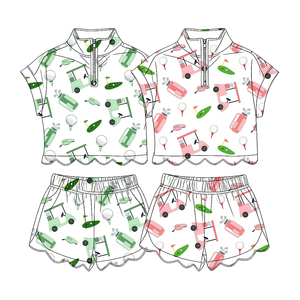 Ensemble de vêtements pour filles, personnalisé, décontracté, imprimé chariot de golf, respirant, en coton et élasthanne, avec chemise à fermeture éclair et short à bord festonné, pour le printemps et l'automne - Product Image 4