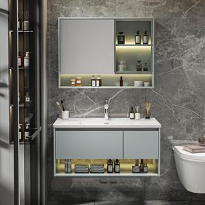 Meuble-lavabo à haute brillance avec évier simple et éclairage LED, étagères ouvertes à surface facile à nettoyer pour dortoir étudiant, <span class=keywords><strong>chambre</strong></span> d'hôtel - Product Image 1