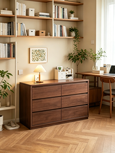 Commode moderne en bois massif à 6 tiroirs avec design à panneaux plats pour le rangement dans le salon - Product Image 1