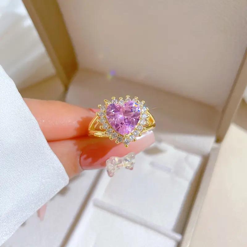 Verlovingsbruiloft 24K Gouden Plaat Hart Ring Trendy Vrouwelijke Sieraden Vergulde Kristallen Hart Ring