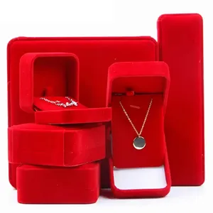 Porta anéis quadrados vermelhos personalizados, caixas de embalagem para joias com bolsa para exibição de joias de veludo portátil com logotipo