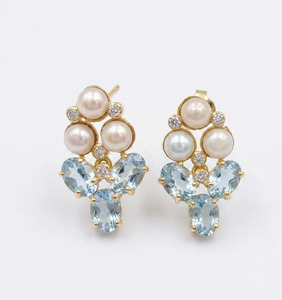 Romantic Gold Plated Brass <b>Blue</b> Topaz Pearl <b>Stud</b> <b>Earrings</b> with Cubic Zirconia for Women Wedding Jewelry - Product Image 1