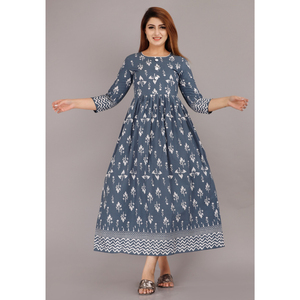 Women Grey Cotton Printed Anarkali <b>Kurti</b> Round Neck Three-Quarter Sleeve Flared Ethnic Casual Wear <b>Kurti</b> - Product Image 1