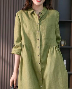 Liu Ming Nuovi Arrivi all'Ingrosso, Abito Camicia Lungo Elegante in <span class=keywords><strong>Cotone</strong></span> e Lino Stile Coreano per Donne, Vestito Estivo con Bottoni - Product Image 4