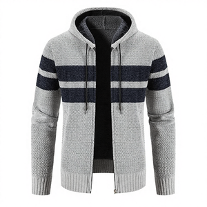 High Quality Custom <b>Men</b> Fleece-Lined Striped Hooded <b>Cardigan</b> Winter Full-Zip Breathable Knit Anti-Pilling Polyester In-Stock - Product Image 4