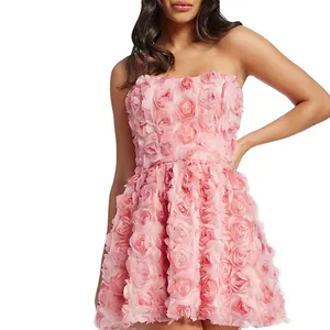 Robe d'été pour femmes Robe élégante rose unie sans bretelles Romantique Floral A Line Tulle Mini robe de soirée pour filles
