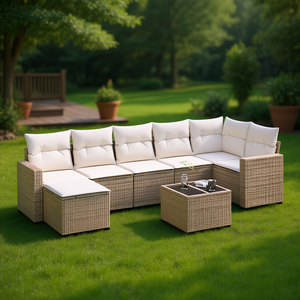 Ensemble de canapés en rotin d'extérieur avec pieds réglables, beige, mobilier de jardin et de terrasse, design contemporain, coussins en mousse haute densité - Product Image 2