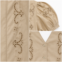 Chemisier femme kaki brodé à œillets, col en V, manches ballon, boutonnage frontal, style vintage, coupe courte, chemise unie d'été
