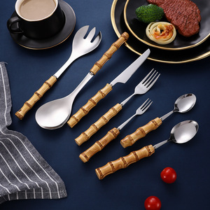 Juego de Cubiertos de Acero Inoxidable con Mango de Bambú Natural, 10 Piezas, Cuchillo para Carne, Tenedor, Cuchara, Utensilios para Postre y Ensalada - Product Image 2