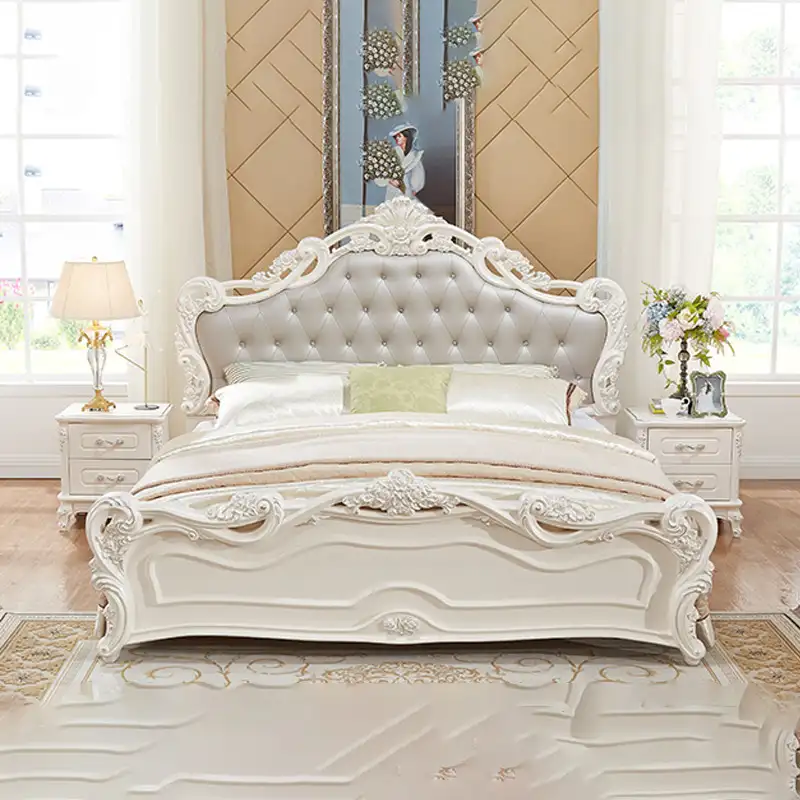 121513 prezzo di fabbrica caldo stile europeo intagliato doppio king size di lusso in pelle bianca letti telaio