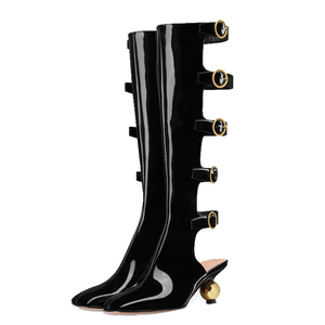 Summer Belt Buckles Women Knee High <b>Boots</b> Round Gold Ball Heels Patent Long Booties Square Toe Back Cut Out Sandals Shoes - Product Image 6