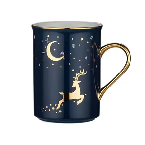 แก้วกาแฟเซรามิกสีทองลายกวางเรนเดียร์ ดวงจันทร์ และดวงดาว สไตล์นอร์ดิก พร้อมหูจับสีทอง ขนาด 400 มล. พร้อมฝาและช้อน ใช้กับเครื่องล้างจานได้ ความจุขนาดใหญ่ - Product Image 6