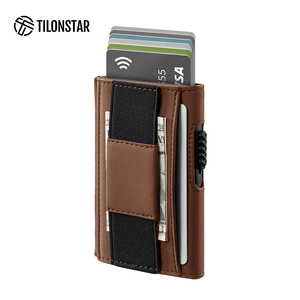 TILONSTAR TVC320 Custom Logo <b>RFID</b> Business Aluminum ID Card Holder Slim Leather Pop up <b>Wallet</b> With Money Pocket Mezzanine - Product Image 1