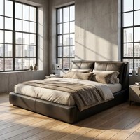 Cadre de lit moderne et confortable, taille Queen/King, design à coussinets séparés, avec revêtement en cuir véritable ou en cuir écologique et base en bois massif