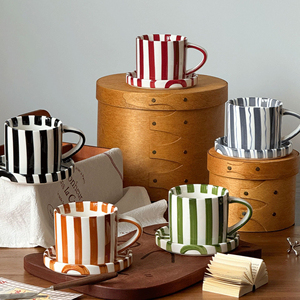 Vintage Ceramic Afternoon Tea Cup and Saucer Striped Coffee Mug <b>Set</b> <b>Microwave</b> Safe Latte Cup - Product Image 5