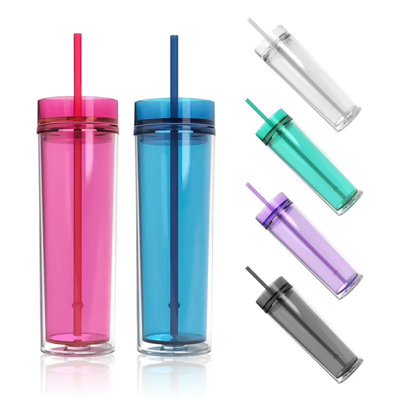 16oz akrilik tumblers çift duvar plastik temizle renk tumbler 500ml içme suyu şişeleri BPA ücretsiz