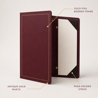 Porte-menu en cuir PU bordeaux avec cadre doré, pour restaurant et bar