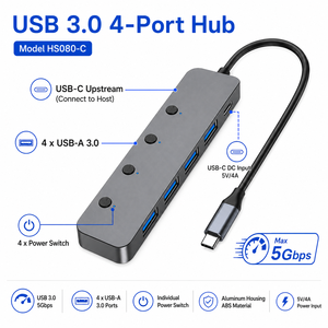 Hub USB C 5 en 1, adaptateur Type C vers 4 ports USB 3.0 avec interrupteurs d'alimentation individuels et charge DC, dongle multiport en aluminium pour ordinateur portable - Product Image 4