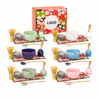 Ensemble de thé matcha en céramique en gros, 8 pièces, design Sakura, fouet, bol, cuillère, passoire, boîte cadeau