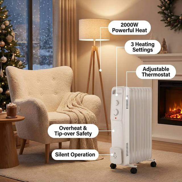 Portable 9-Fin Oil Filled Radiator 2000W Electric Space Heater 3 Heat Settings Protection Home Room Warmer