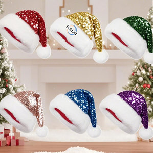 Chapeau <span class=keywords><strong>de</strong></span> Noël à paillettes avec logo personnalisé en gros pour adulte unisexe chapeau <span class=keywords><strong>de</strong></span> Noël à pompon en peluche cheveux longs épaissi avec - Product Image 1