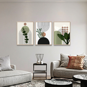 Hiện đại tối giản Bắc Âu 3pcs trừu tượng hình học vải sơn màu xanh lá cây thực vật morandi Áp phích tường dầu nghệ thuật với khung trang trí - Product Image 2