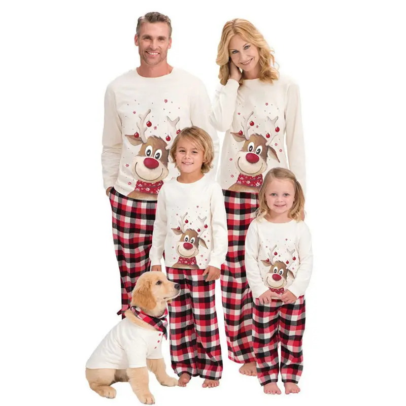 Plus Size Casual Weihnachten O Neck Pyjamas Familie Mama und ich Nachtwäsche Set Kinder White Print Ärmel Pyjamas Großhandel