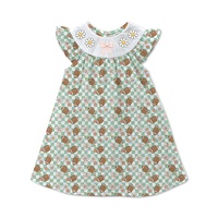 Vêtements d'été pour bébés filles, 4 pièces, motif floral, manches bouffantes, robe à col marguerite et bloomers à carreaux verts, tenue décontractée