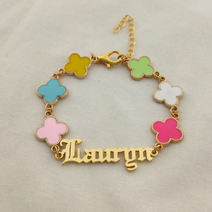 Braccialetti con nome di quadrifoglio colorato nome iniziale personalizzato oro placcato in acciaio inossidabile alla moda per bambini braccialetti con lettere - Product Image 2