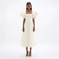 Nuevo Vestido de Fiesta Elegante de Moda para Mujer, Color Blanco Hueso, Cuello Cuadrado, Manga con Volantes, Adorno de Perlas, Corte en A, Crepé, Largo Midi, Personalizado