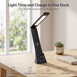 Station de recharge pour table de chevet, lampe de recharge sans fil LED, lampe de protection des yeux, lumière chaude, froide et neutre, affichage de l'heure LED, gain de place - Product Image 1