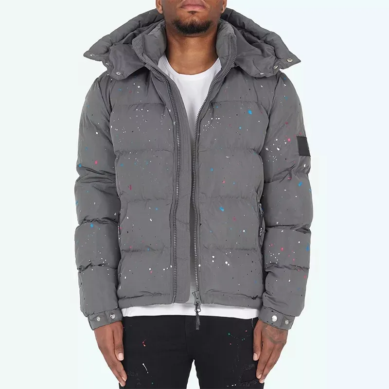 Stampa di alta qualità Outdoor imbottito Logo Parka Winter Puffer Down Nylon cappuccio staccabile Puff giacca da uomo personalizzata cappotto di vernice grigia